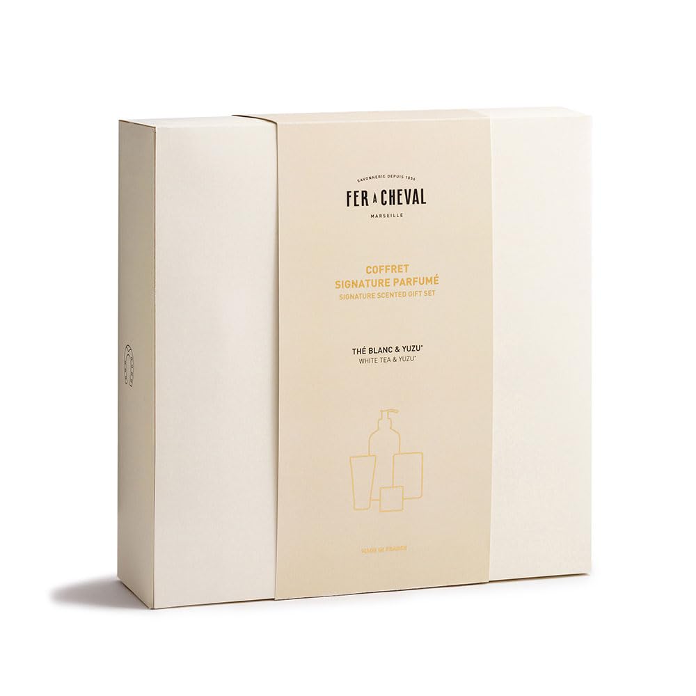 Savonnerie Fer à Cheval Coffret Cadeau Signature Parfumé Thé Blanc & Yuzu – Savon Liquide de Marseille, Savon Doux Parfumé, Crème Mains et Cube de Savon de Marseille