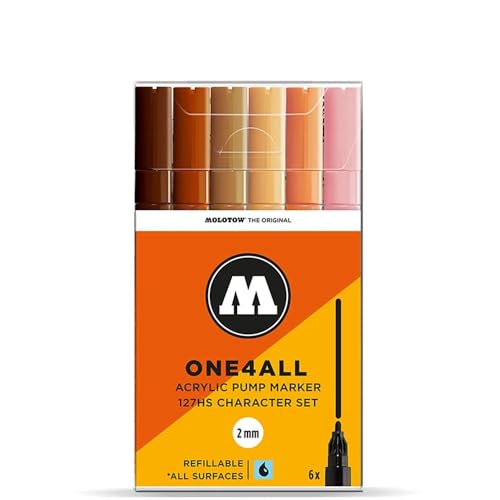 Molotow One4All 127HS Acryl Marker Character-Set (2,0 mm Strichstärke, hochdeckend und permanent, UV-beständig, für fast alle Untergründe) 6 Stück sortiert