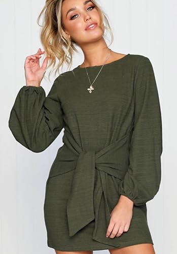 Image of PRETTYGARDEN Womens Spring Elegant Long Lantern Sleeve Short Dress Wedding Guest Crewneck Tie Waist Knit Cocktail Dresses