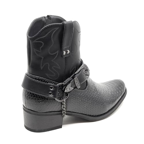 Metrocharm Western Cowboy Boots, Snake Pattern Synthetic Leather Upper, Metal Harness Detail WEST-013