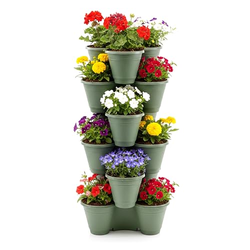 GEEZY Set of 6 Stackable Strawberry Planters - Green Vertical Garden Tower, Compact Tiered Planter for Herbs & Flowers - Indoor & Outdoor Space Saving Trio Pot for Patio, Balcony or Windowsill