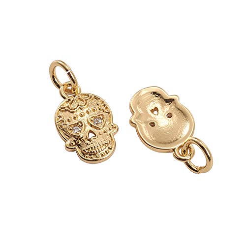 LiQunSweet 10 Pcs Skull with Heart Eyes Tiny Charms with Jump Rings Golden Plated Brass Micro Pave Cubic Zirconia for Halloween Jewelry Making - 12.5x7.5mm