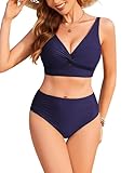 Ekouaer Bikini Damen Set Bauchweg High Waist Bikinis für Damen Sexy Zweiteiliger Badeanzug Twist Front Bademode Swimsuit, Marineblau L