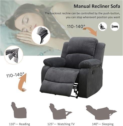 Image of Manual Recliner Chair, Oversized Corduroy Fabric Single Sofa, Grey | Manual Recliner Chair, Single Corduroy Reclining Chair, Breathable Fabric,Adjustable Backrest