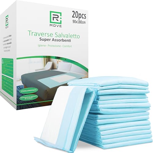 R MOVE Traverse Assorbenti Rimboccabili Monouso per Letto, 90x180 cm, parte centrale assorbente 80cmx51,5cm. Traversine Letto Anziani, traversa salvaletto (90x180cm (Confezione da 20))