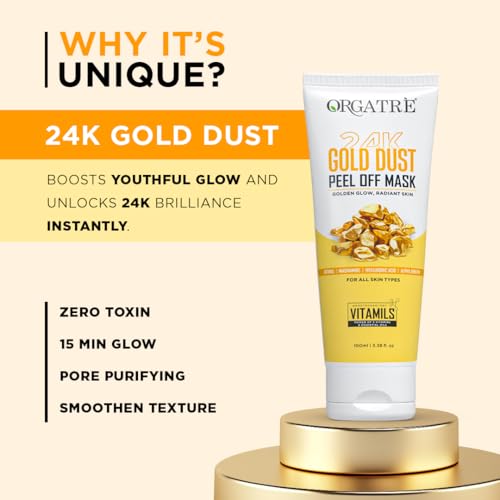 Image of Orgatre 24k Gold Dust Peel Off Mask | Glowing Skin & hydrating, Boosts Collagen and Restoring Skin Radiance | For All Skin Types | For Men & Women | 100ml