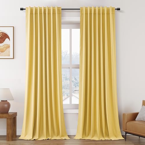 Image of Nanspring Gold Yellow 100% Blackout Linen Curtains 96 Inches Long for Bedroom Back Tab Thermal Insulated Modern Farmhouse Decor Black Out Curtain for Living Room Dining Room Drapes 52x96, 2 Panels