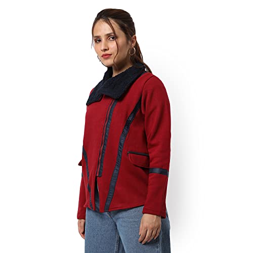 Image of Campus Sutra Women Maroon Solid Regular Fit Cotton Jacket For Winter Wear | Collar Neck | Full Sleeve | Zipper | Casual Jacket For Woman & Girl | Western Stylish Jacket For Women