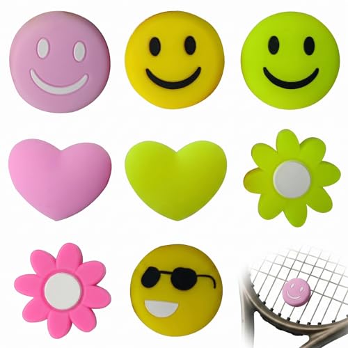 8 Piezas Antivibrador Raqueta Tenis de Silicona, Amortiguador Raqueta con Diseños Divertidos de Flores y Caritas, Accesorios para Reducir Vibraciones y Proteger el Codo, Pack de 8 Colores