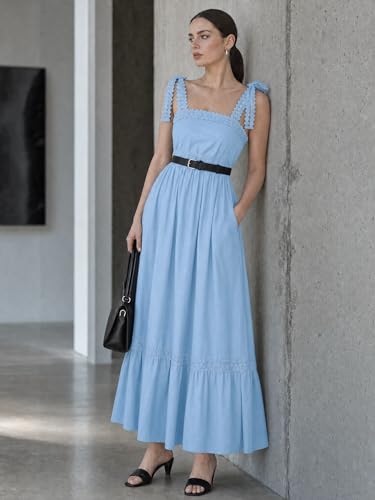 Image of Opemiby Womens Maxi Dress Spring Summer Sleeveless Lace Strap Empire Waist A Line Side Pockets Beach Casual Long Dresses