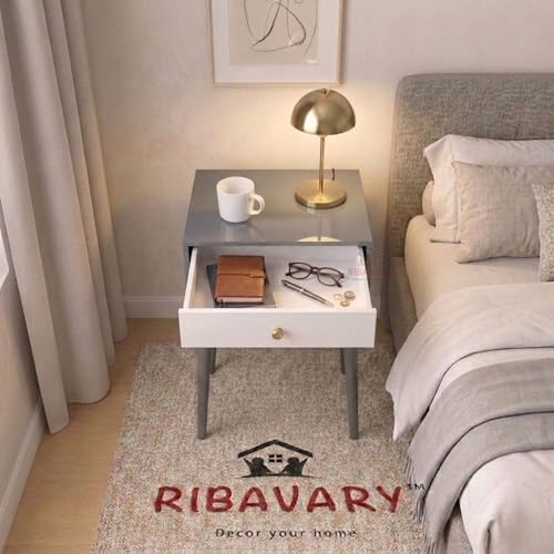 Image of Modern Bedside Table Nightstand with Solid Wood Legs, Practical End Side Table with Drawer Storage for Small Spaces Wooden Bedside Table, Coffee Table, Living Room /Bedroom (Grey-White)