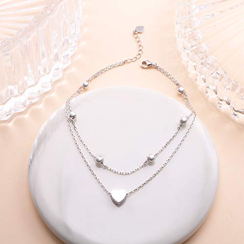 Image of Flyow Anklet for Women S925 Sterling Silver Adjustable Foot Beaded Heart Charm Ankle Bracelet Anklets Jewelry