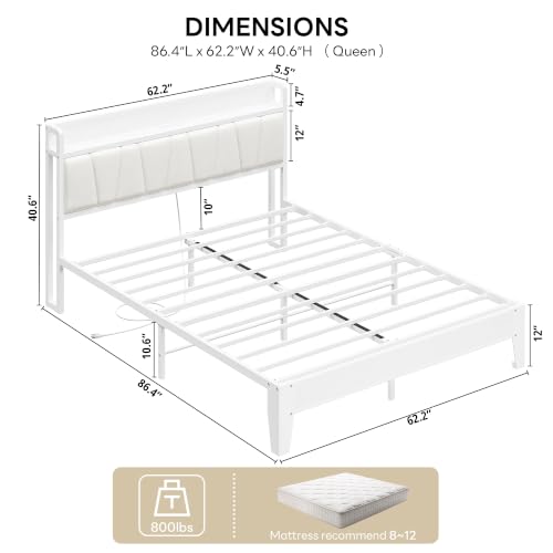 Image of LIKIMIO Queen Bed Frames, PU Leather Storage Headboard with Charging Station, Solid and Stable, Noise Free, No Box Spring Needed, Easy Assembly, White