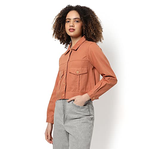 Image of Campus Sutra Women Orange Regular Fit Denim Jacket For Winter Wear | Collared Neck | Full Sleeve | Buttoned | Casual Jacket For Woman & Girl | Western Stylish Jacket For Women