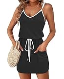 AUSELILY Womens Summer Dresses Sleeveless Spaghetti Strap Beach Cover up Drawstring Waist Mini Short Dress with Pockets Black/White M