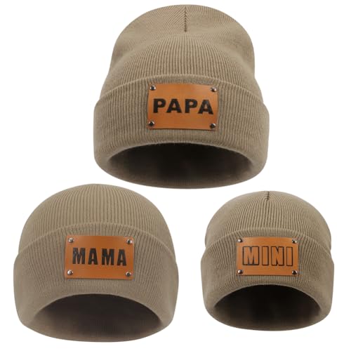 ZUYYON 3 Pcs Parent-Child Beanie Hats Mama PAPA MINI Leather Patch Winter Knit Cap Warm Cuffed Cap Matching Family Beanie Hat Khaki