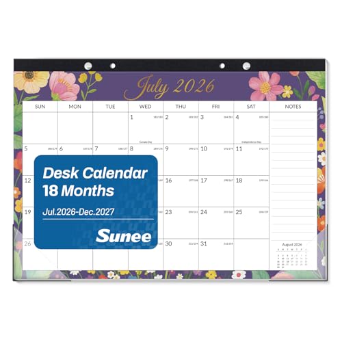 Image of SUNEE Desk Calendar 2026-2027 17 inch x 12 inch, 18 Month Calendar Jul. 2026 - Dec. 2027, Calendar 2026-2027 With Notes, for Planning, Organizing in Family, School or Office - Colorful Floral