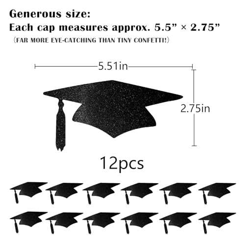 Image of Qttier 12pcs Graduation Cap Confetti Black Glitter, Big Size 4 inches | Congrats Grad Party Decorations Graduation Table Decor Class of 2026 High School College Grad Party Supplies