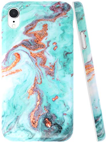 A-Focus Compatible with iPhone XR Case, Glossy Smooth Marble Series IMD Design Bumper Shock Proof Flexible Slim TPU Rubber Case for iPhone XR 2018 6.1 inch Glossy Bluish Green