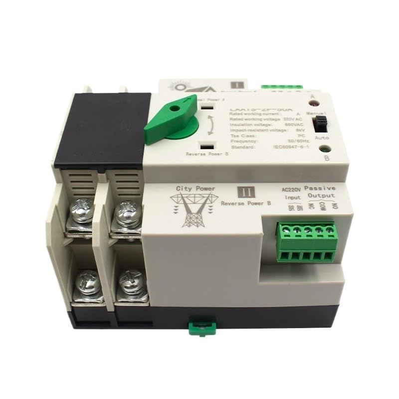 1PCS Din Rail Solar Type 50A 2P ATS Dual Power Transfer AC Switch for PV Inverter Discounnecting Switch