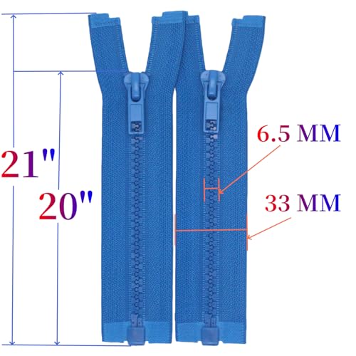 Image of MebuZip 2PCS #5 20 Inch Separating Jacket Zippers for Sewing (Blue) | Resin Zipper Molded Plastic Zippers Bulk for Sewing Jackets Coats Clothes