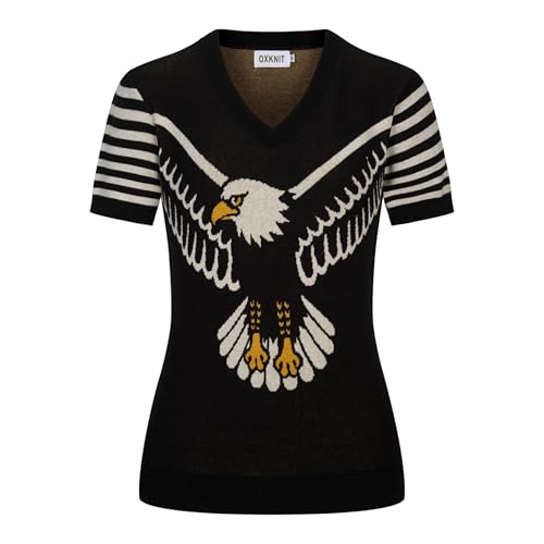 T-shirt col en V femme OXKNIT motif aigle tricot jacquard de coton