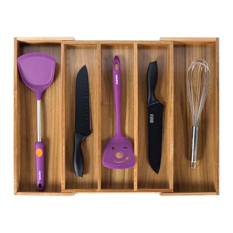 Utoplike Acacia Kitchen Drawer Organizer Expandable, Large Utensils and Cutlery Tray, Adjustable Silverware Divider for Knives Flatware Cover