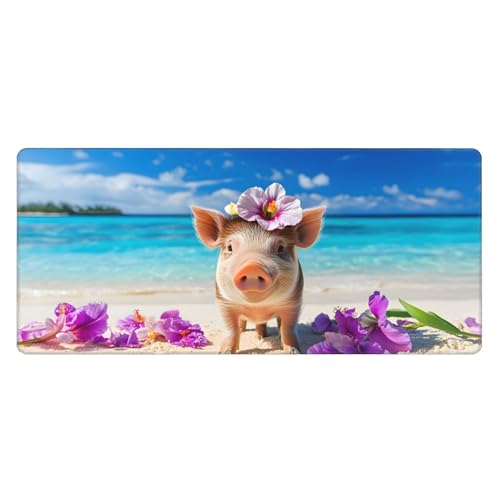 Image of Beach Pig Flower Extended Gaming Mouse Pad, with Stitched Edges Large Mouse Pad Desk Protector, Rubber Base Mousepad Keyboard Mouses Mat for Work Game Office Home- 32 inch X 12 inch Inch,E664