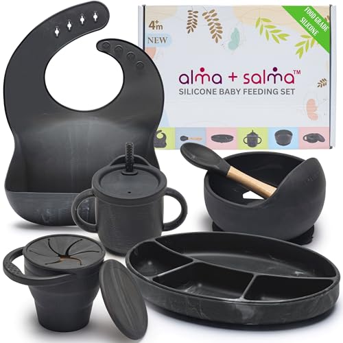 Image of ALMA + SALMA Silicone Baby Feeding Set, Baby Led Weaning Supplies, Suction Plate & Bowl, Spoon, Bib, Cup, Snack Cup, Baby Dishes (BLACK MARBLE)