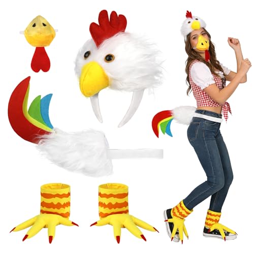 Beipegin 5pcs Chicken Costume Women Men Rooster Costume Include Headband Tail Feet and Nose for Animal Halloween Easter Party