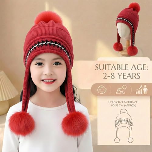 Image of Kraptick Children's Winter Cap: Velvet Thick Warm Woolen Knit Hat with Ear Protection for Children Stylish Korean Beanie with Long Pompom Ears & Fleece Lining Perfect for Winter -4