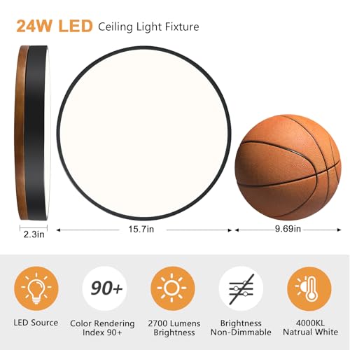 Image of Modern Walnut Wood Black Flush Mount Ceiling Light 15.74 Inch