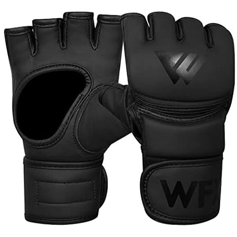 WFX Rękawice bokserskie MMA, otwarta dłoń, wyściełane kostki, okłady na pięści, skórzane rękawice treningowe do sztuk walki, sparring, hak holowniczy, torba prędkościowa (czarny, S)