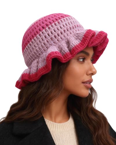 Image of Women Crochet Bucket Hat Cute Winter Ruffled Brim Floppy Cap Handmade Knit Cloche Hats