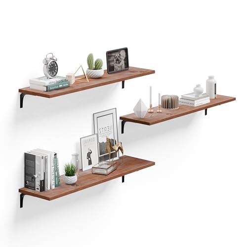 Image of Deep Floating Shelves, 12 Inch Extra Wide Solid Wood Wall Shelves, Heavy Duty Wall Mounted Bookshelf for Living Room, Kitchen and Bedroom, Set of 3 (36 Inch, Brown)