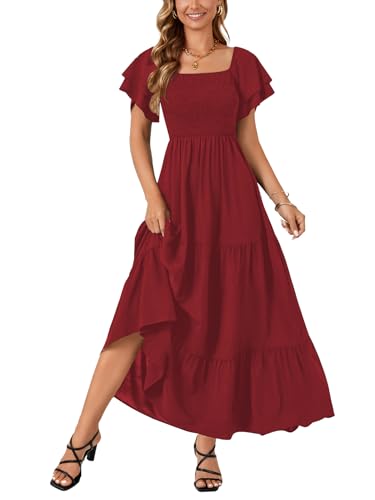 Image of LYANER Women's Square Neck Midi Dress | Summer Ruffle Short Sleeve Smocked Tiered Ruched Flowy A Line Party Casual Dresses