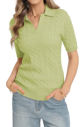 Image of QUALFORT Cable Knit Women's Short Sleeve Sweater Soft V Neck Polo Tops