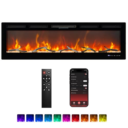 Klysiora Smart Electric Fireplace with Remote Control & Alexa/WiFi, 60 Inch Wall Mount/in Wall Recessed Insert Black Electric Fireplace-13+12 Realistic Ember Color/Flame Options,1500W Heater