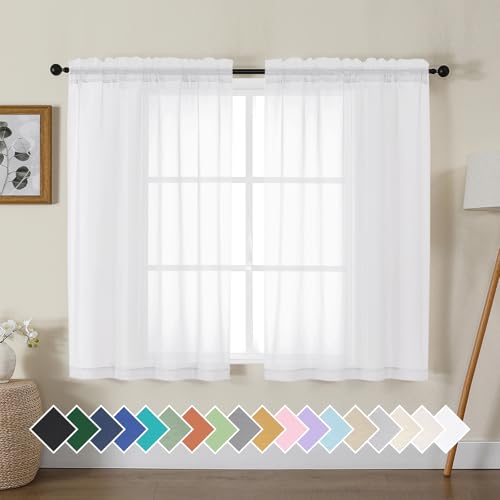 Gwine White Sheer Curtains for Living Room 45 inches Long, Short Voile Light Filtering Window Treatments Sheer Curtains for Bedroom, Half Window Drapes with Rod Pocket, Each 42 Wx45 L