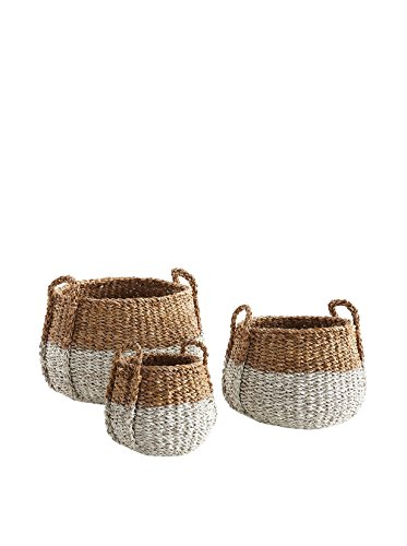 Seagrass Round Basket with Handle, Natural/White,