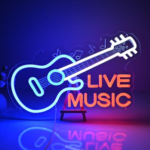 Image of Planzo Guitar Neon Sign Live Music LED Neon Light Record Studio Wall Decor | Music Room Night Club Neon Decor, Beer Bar Business Store Wall Sign Decor, Birthday Christmas Gift, USB, 15.75 inchX9.84 inch
