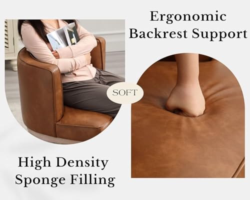 Image of Brown Leather Barrel Chairs Set of 2 with Solid Wood Frame, Small Round Accent Chairs Set of 2, Comfy Linen Accent Chairs for Living Room