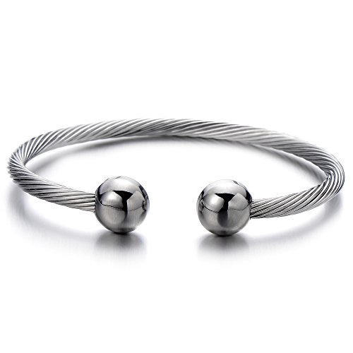 COOLSTEELANDBEYOND Elastic Adjustable Mens Stainless Steel Twisted Cable Magnetic Bangle Bracelet Silver Color Polished
