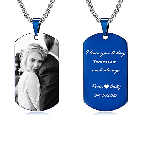 JF.JEWELRY Memorial Gift for Him & Her | Anniversary Wedding Gifts for Him Image Photo Text Personalized Dog Tags for Men (Blue-Dog Tag, Photo & Text)