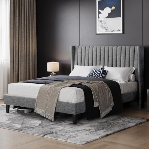 Image of Yaheetech Queen Bed Frame with Headboard,Light Gray Channel-Tufted Platform