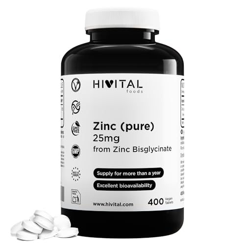 Zinc puro 25 mg procedente de Bisglicinato de Zinc. 400 comprimidos veganos para más de 1 año de tratamiento. Zinc elemental de máxima calidad. Fabricado en España por HIVITAL