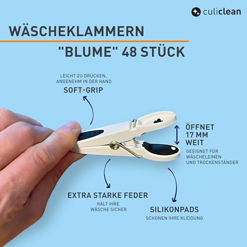 culiclean stabile Wäscheklammern ohne Abdruck – Blume Design – robuste Kluppen Softgrip UV-beständig, wetterfest – 48x Wäscheklammer – blau-Weiss/Weiss-blau – Bild 2