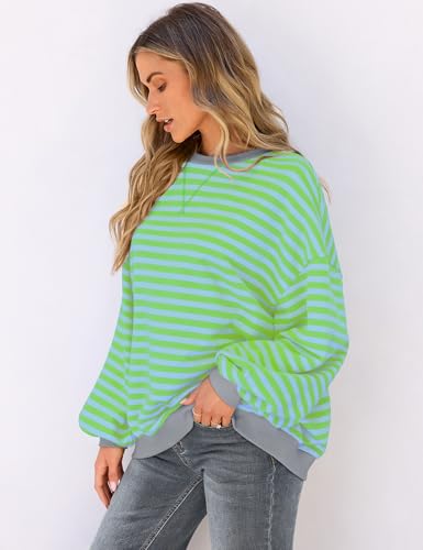 Image of UEU Women Oversized Striped Crewneck Sweatshirt Long Sleeve Color Block Pullover Tops Casual Loose Workout Shirt