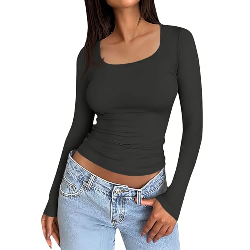 Mis Pedidos Blusa Mujer Manga Larga Top Mujer Blusas De Elegantes Cuello Cuadrado 3/4 Manga Tshirt Mujer Loose Elegantes Tops Verano Y Primavera Gris Oscuro L