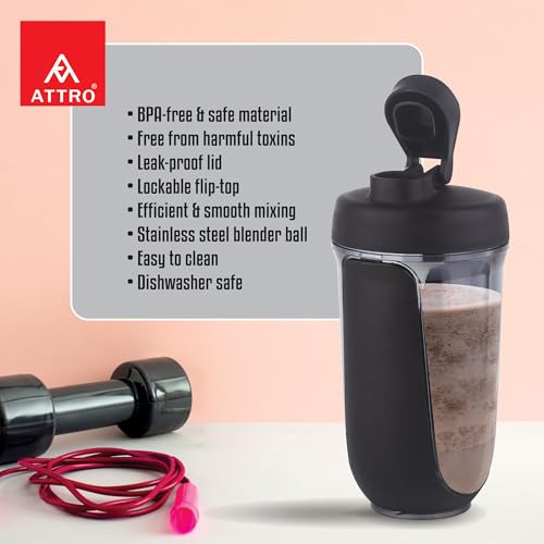 ATTRO Fit Fusion Shaker Bottle 600ml – BPA-Free Protein Mixer with Wire Whisk Ball | Leakproof Lid, Easy Carry Strap | Ideal for Gym, Fitness, Pre/Post Workout Drinks- Black - Image 2 thumbnail